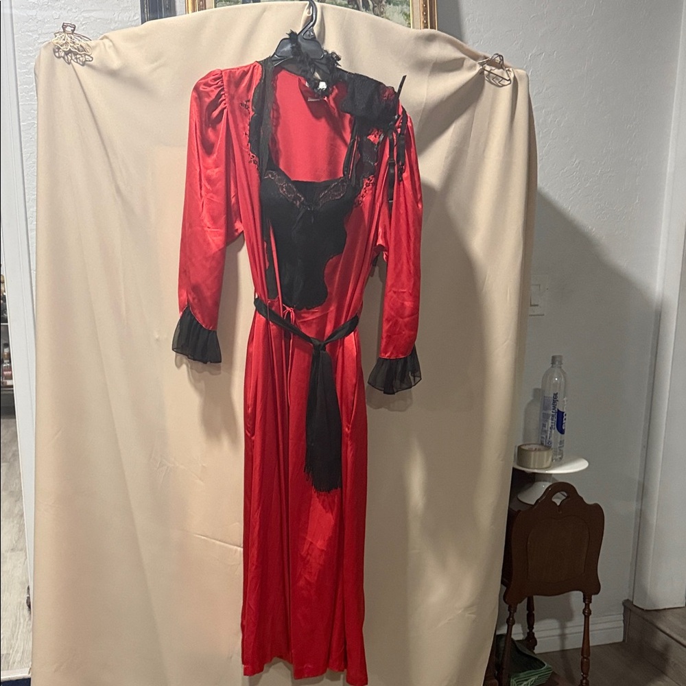 1980 Sara Beth Red Satin Vintage-Style Robe, corset, garter belts and garter